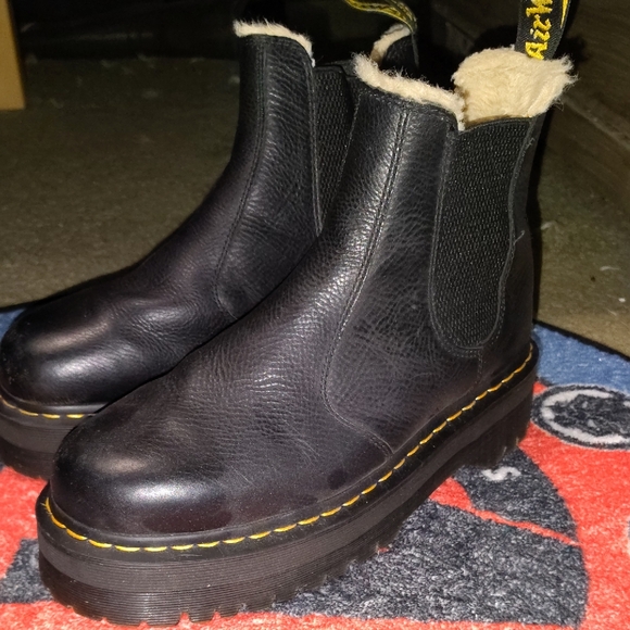 Dr. Martens Shoes - Dr. Martens Black Leather Platform Chelsea Boots with Shearling Trim